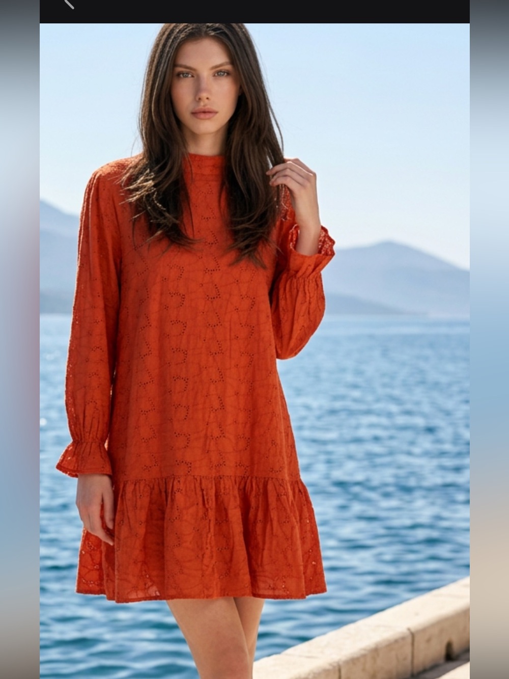 Women's Orange Eyelet Long-Sleeve Ruffle Hem Dress
